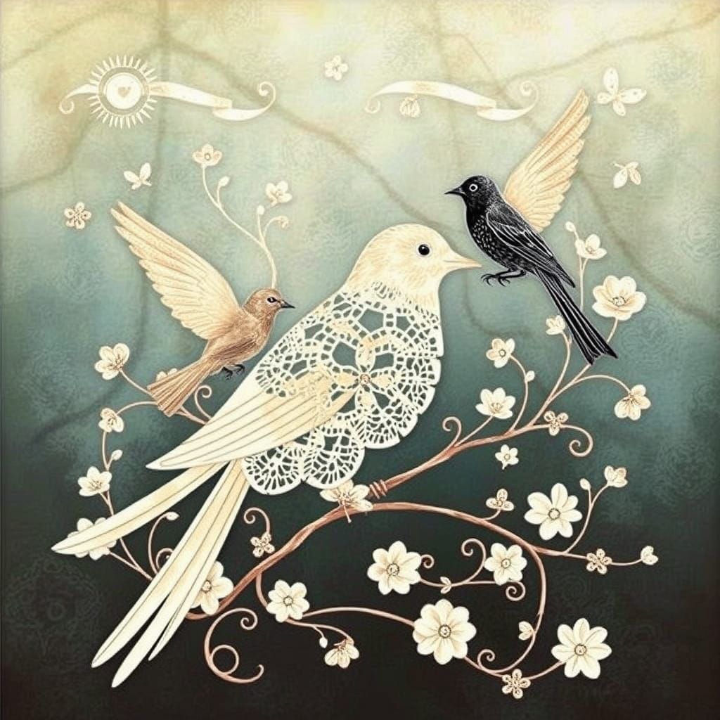 Dreamy Lace Birds Collage Art