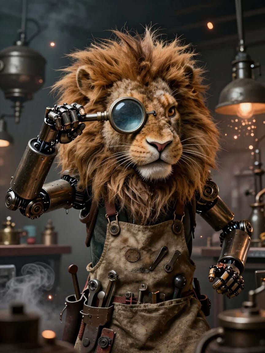 Frantic Lionhead Rabbit Inventor in Steampunk Lab