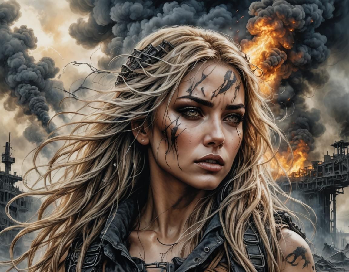 Blonde Girl Surviving Apocalyptic Landscape: Ink and Pencil ...