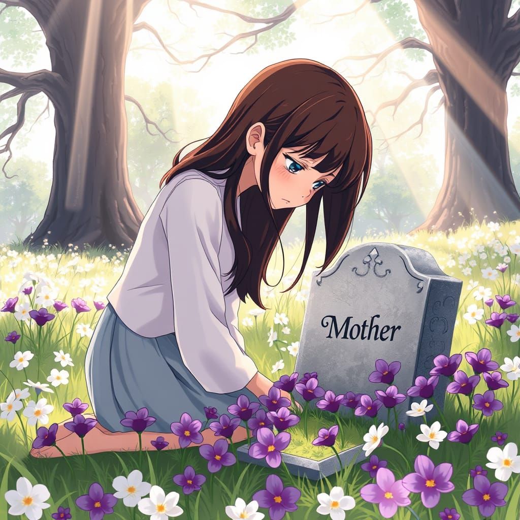 Young Woman Mourns at Her Mother's Grave in a Vibrant Spring...