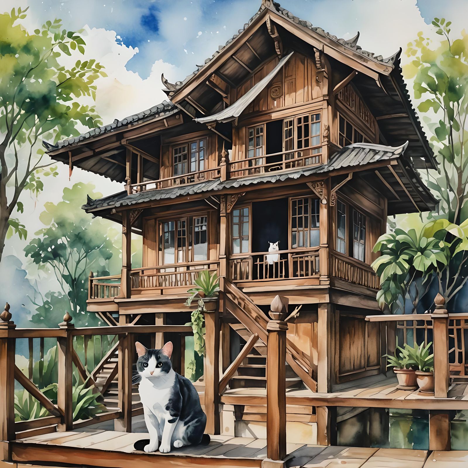 Thai House with Cat in Xieyi Watercolor Style