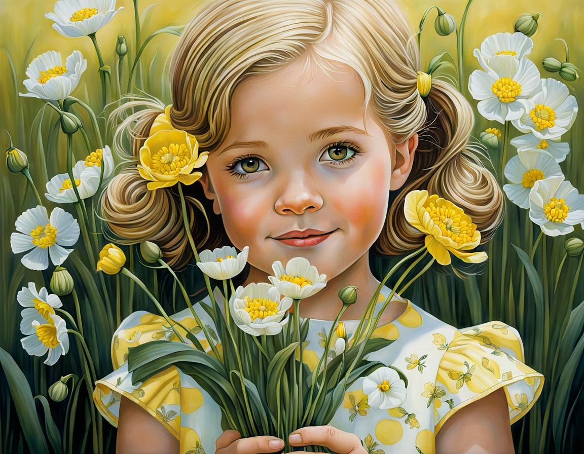 Adorable Girl with Buttercups: Dreamy Photorealistic Portrai...