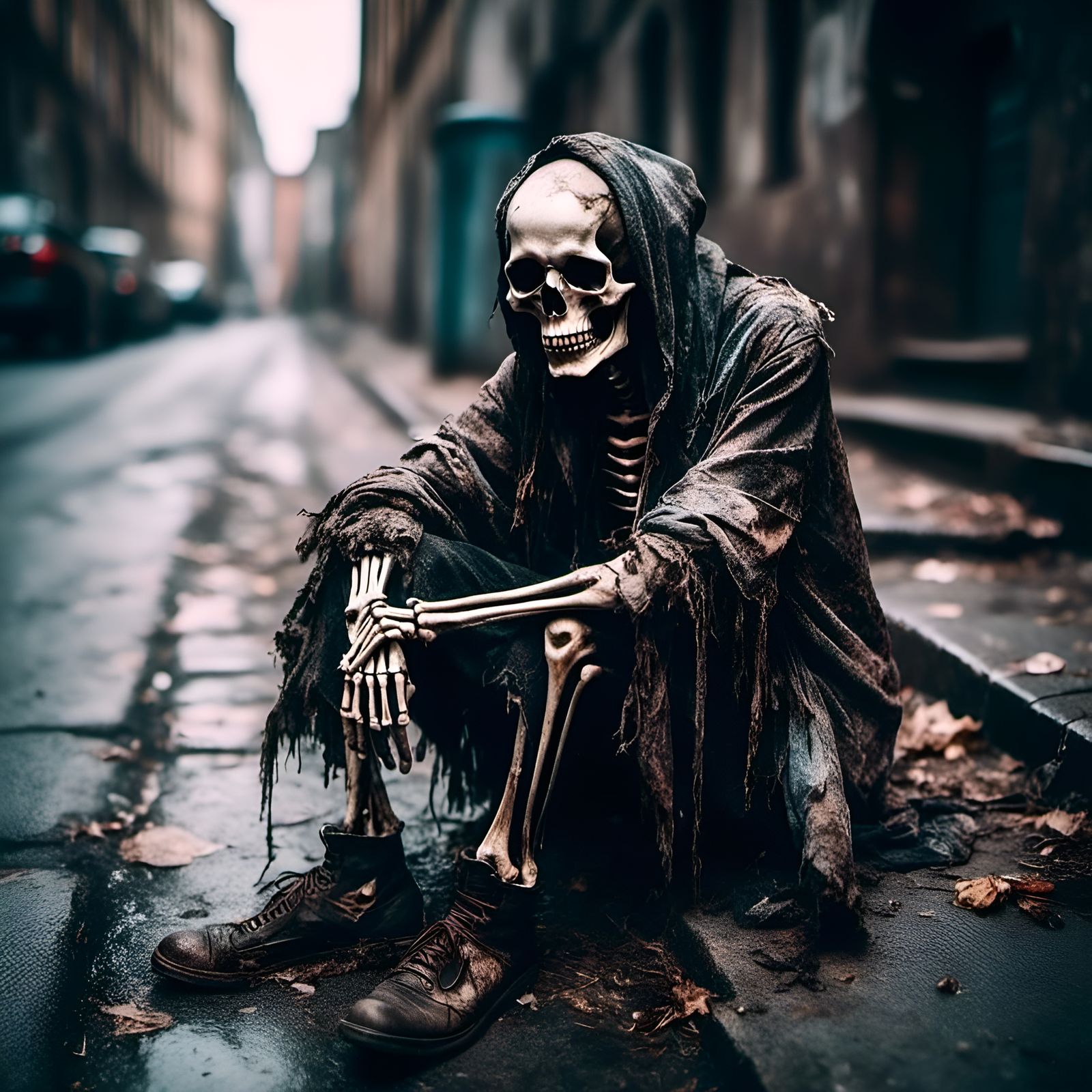 Sad Homeless Skeleton Portrait in Macabre Style