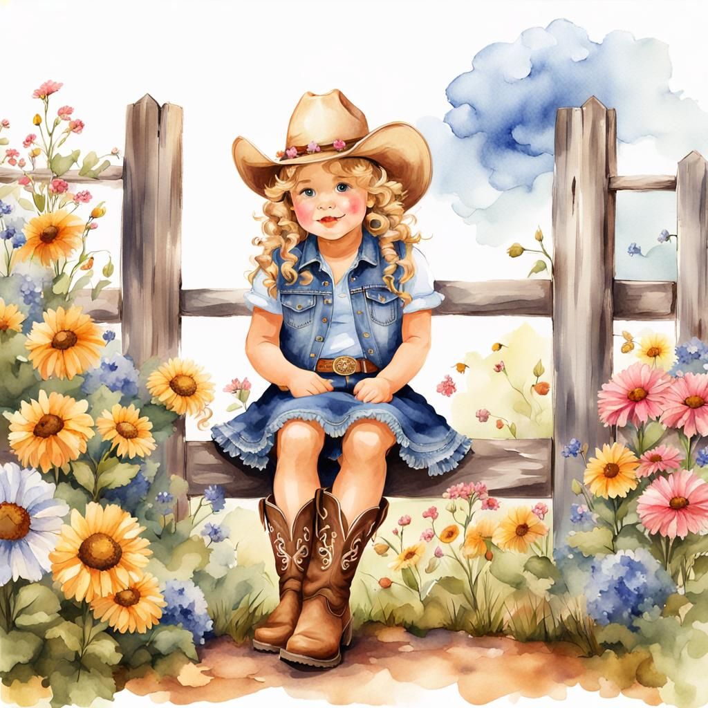 Cute Cowgirl on Flower Fence, Watercolor Style