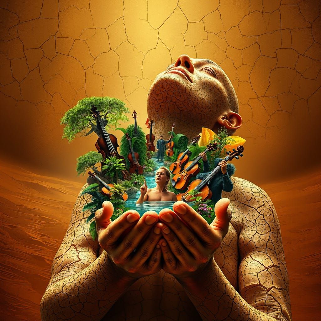 Surrealist Desert Figure Embracing Vibrant Oasis