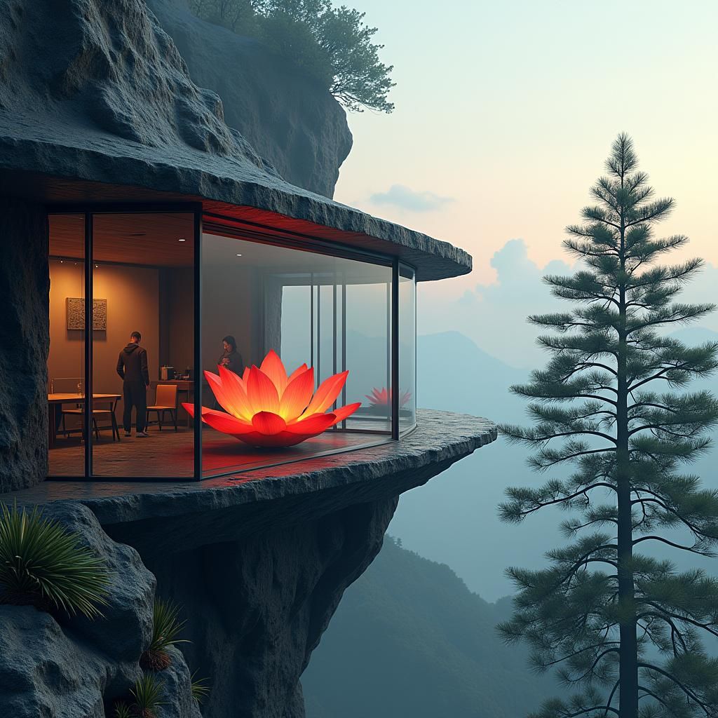 Glass Lotus House on Mountain in Matte Painting Style