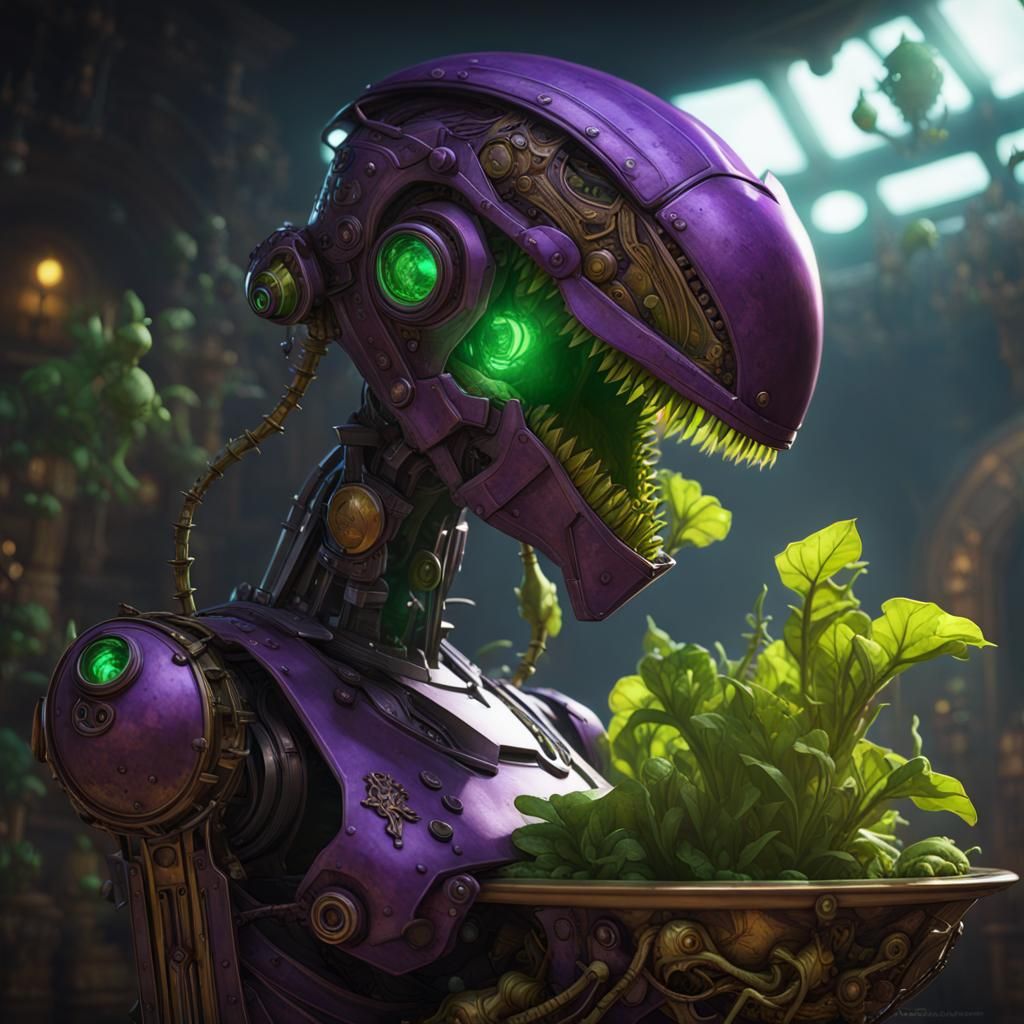 Robotic Venus Flytrap Eats Emeralds: Dark Fantasy Art