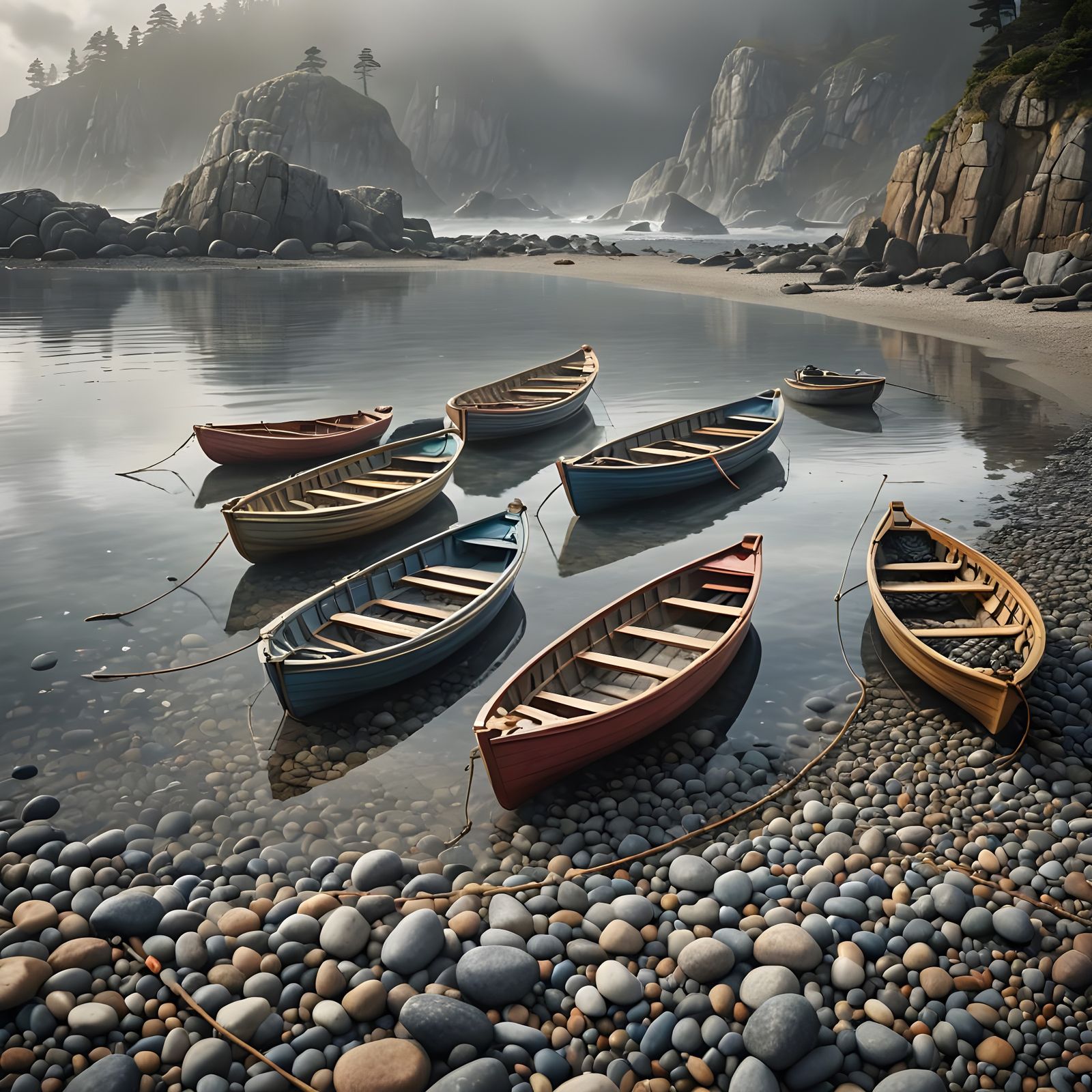 Pebble Beach Rowboats in Atmospheric Fantasy Art