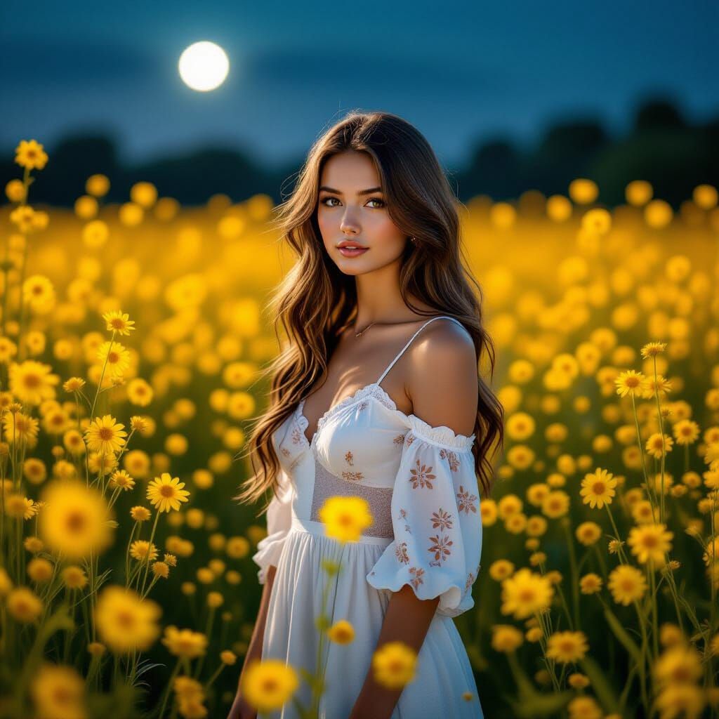 Pretty Woman in Glowing Wildflower Garden at Night