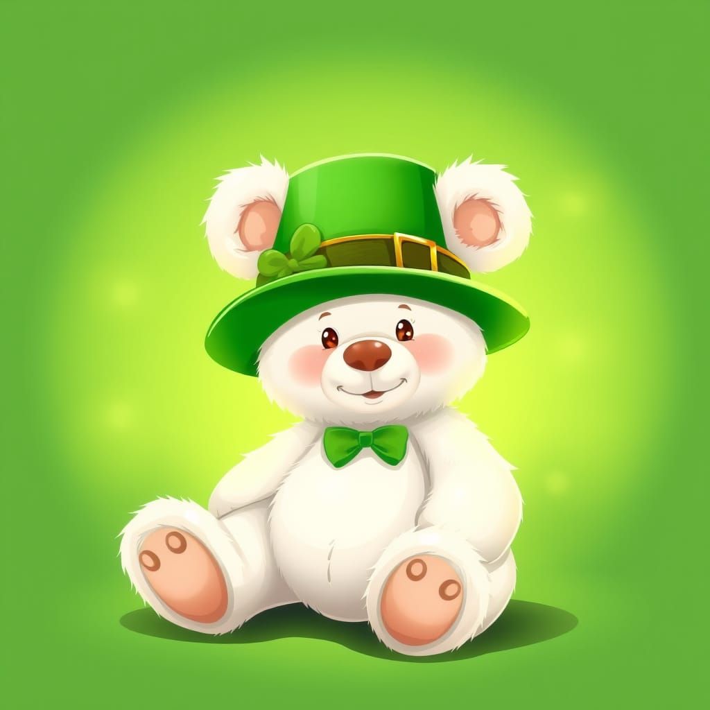 White Teddy Bear in Green Hat for Saint Patrick's Day