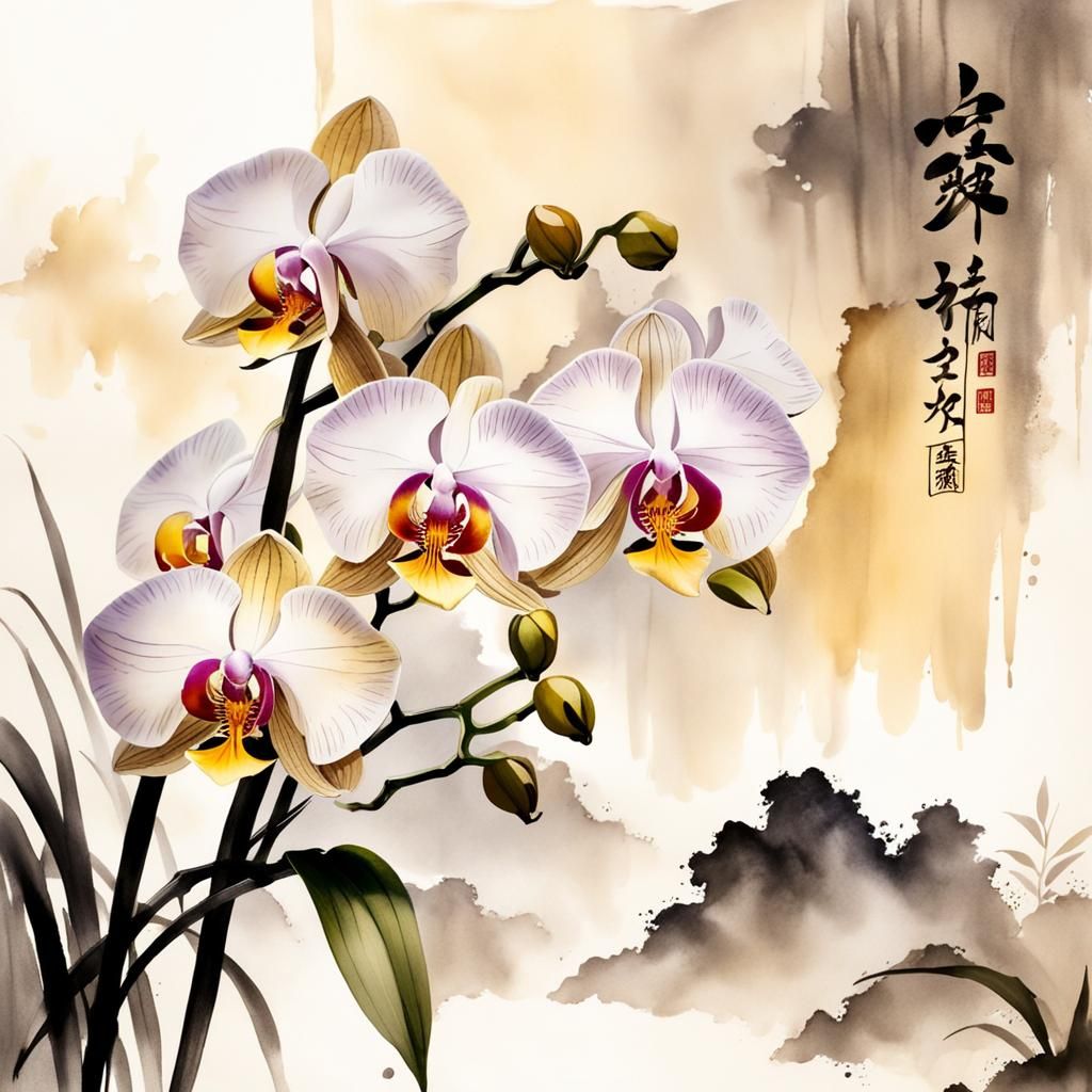Orchid in Chinese Ink Painting Style