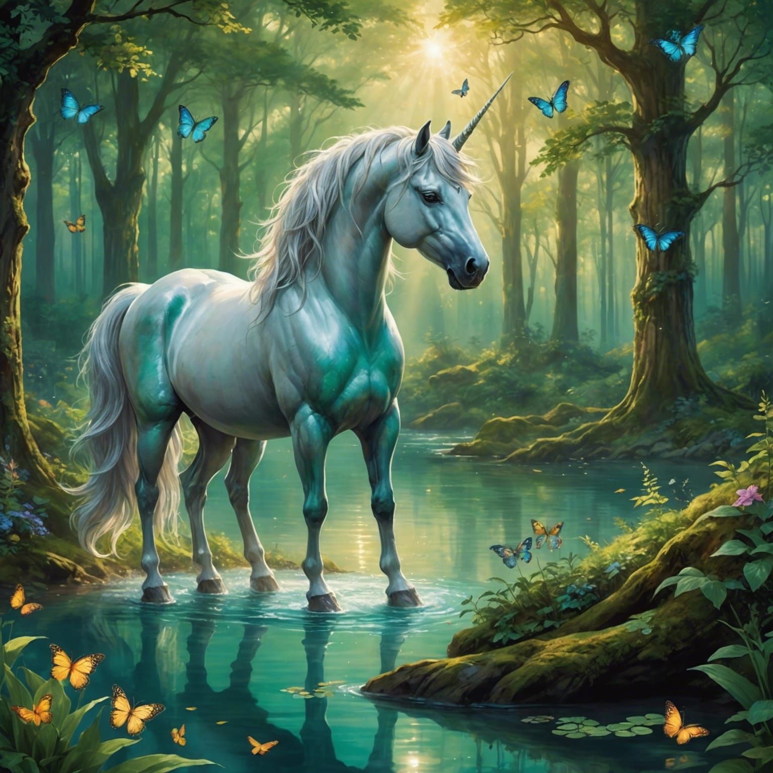 Mystical Unicorn in Enchanted Forest at Dawn