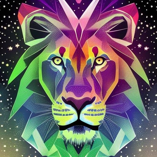 Geometric Lion in Colorful Nebula