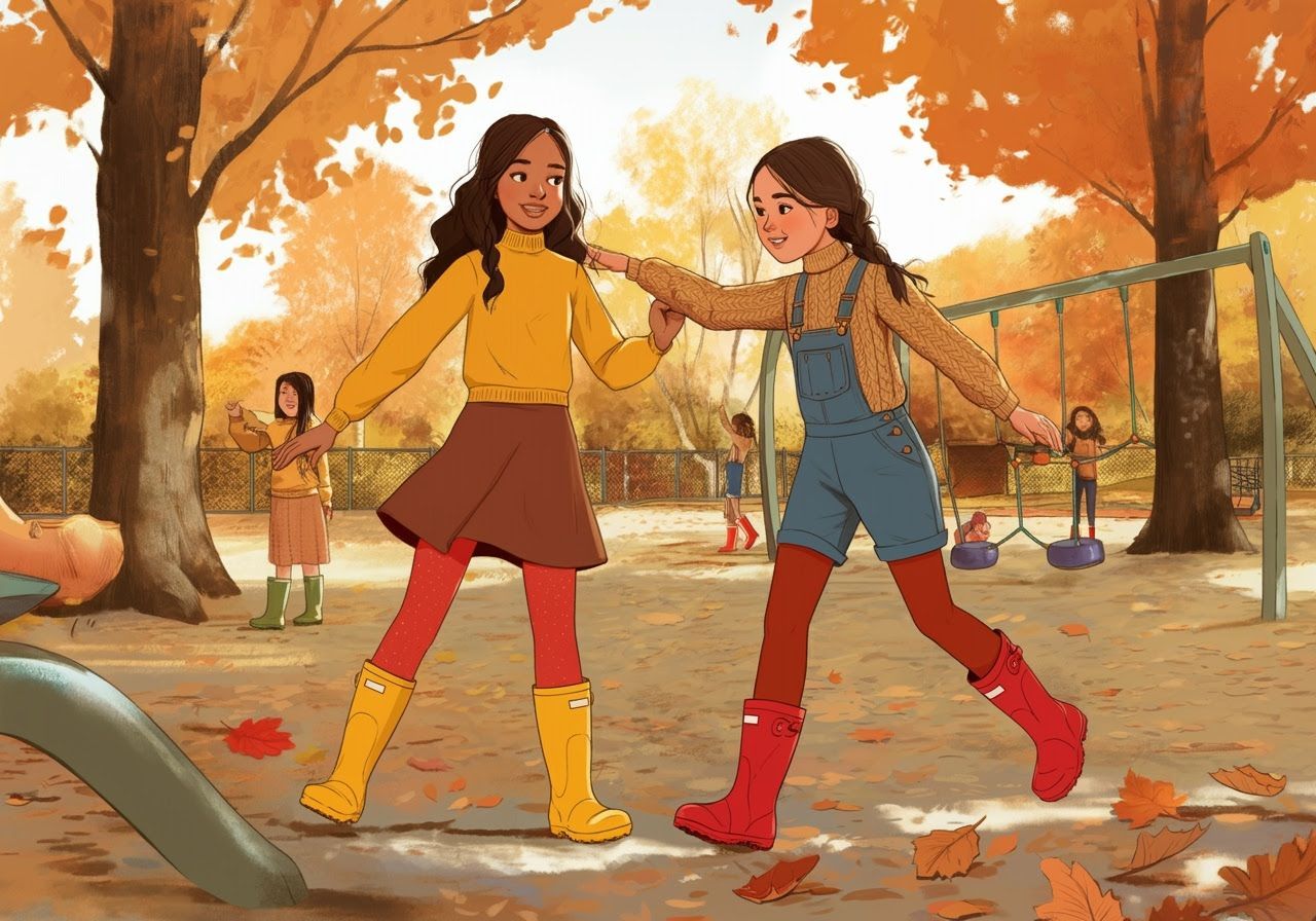 Autumn Playground Fun: Girls in Colorful Outfits