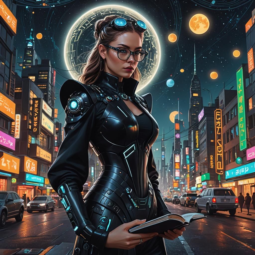 Futuristic Woman in Alien City at Night