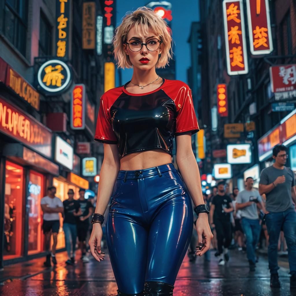 Anime-Inspired Woman in Latex Walking City Street
