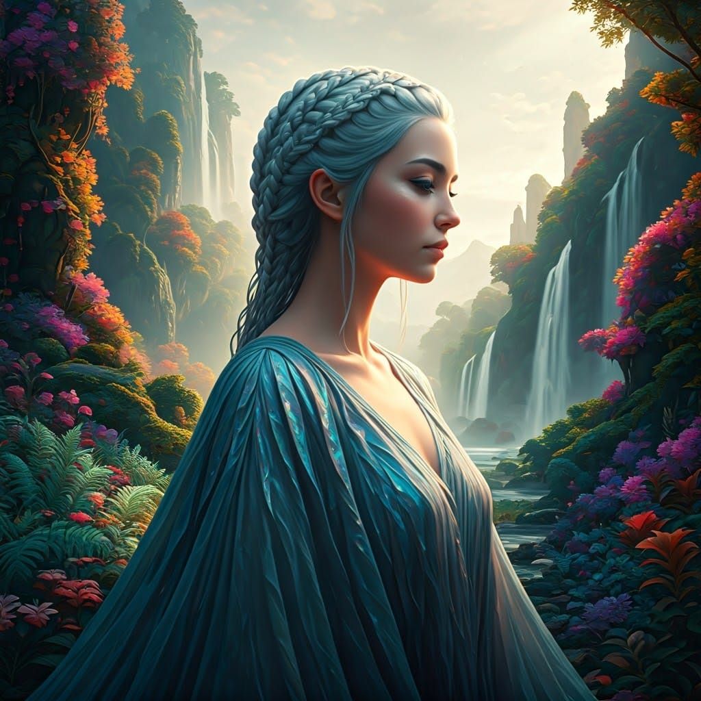 Ethereal Woman in Dreamlike Landscape, Hyper-realistic Art