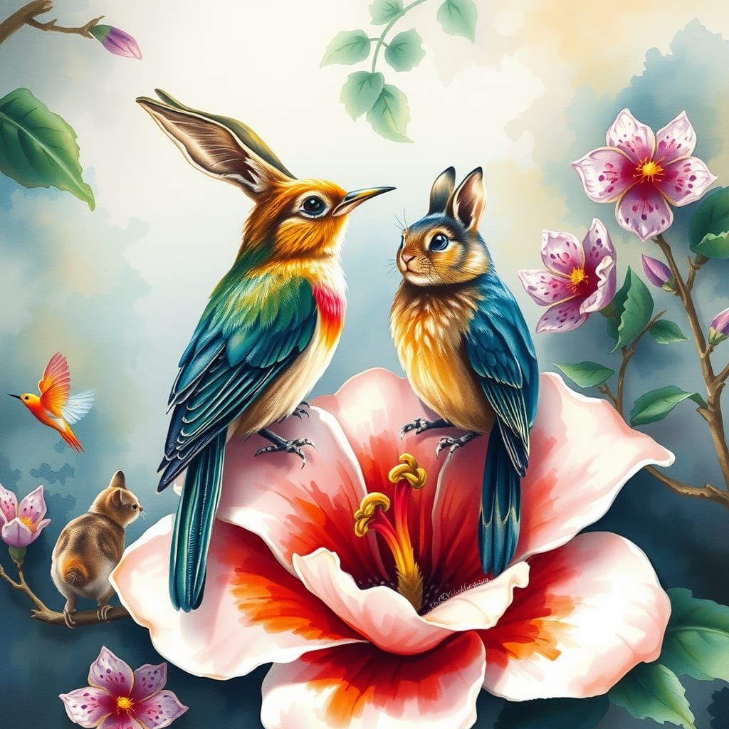 Exotic Bird on Flower in Watercolor Pastel Style