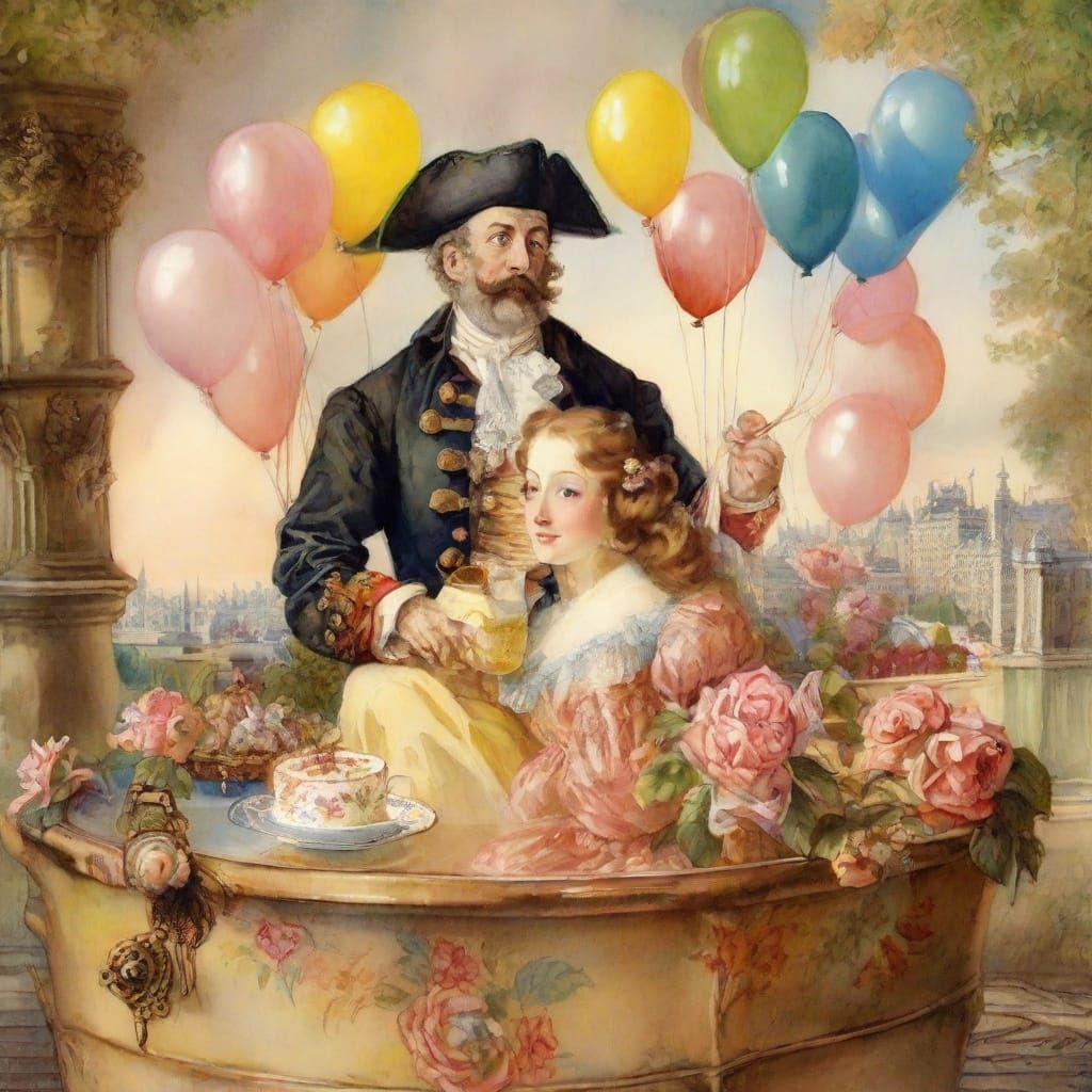 Dreamlike Pirate Family Over London in Watercolor