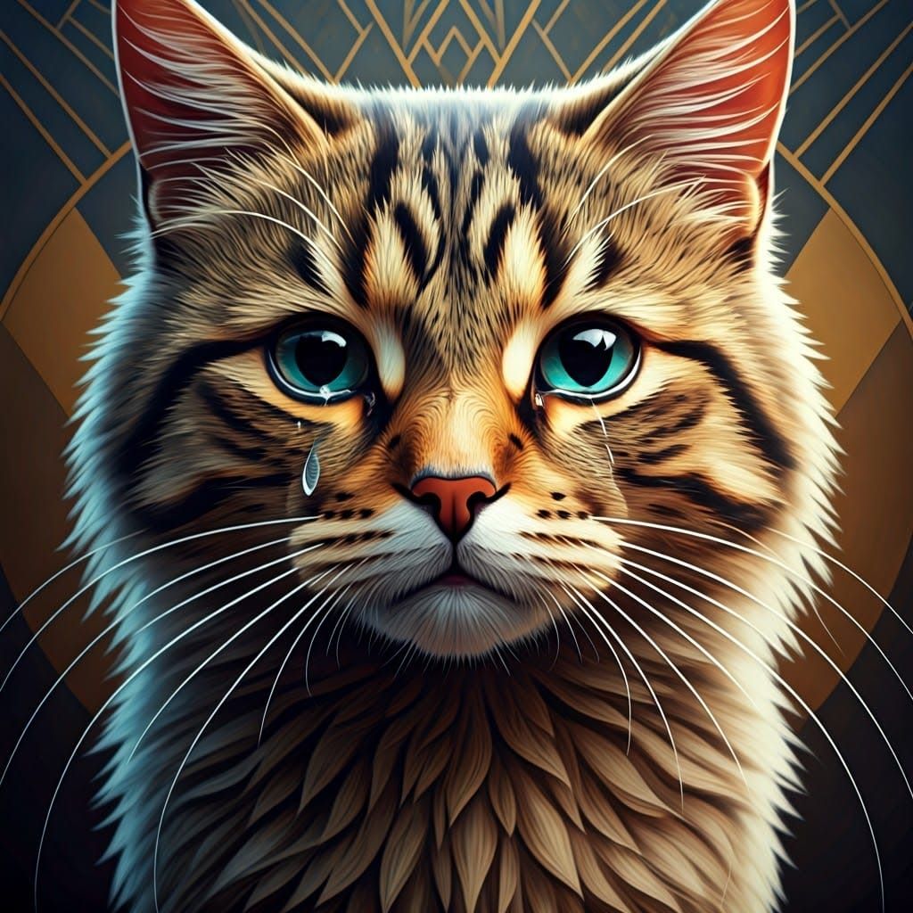 Sorrowful Cat in Geometric Art Deco Style