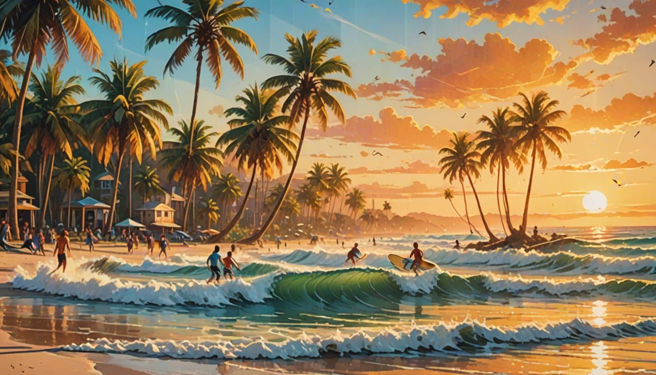 Vibrant Impressionist Surf Art on Sunny Beach