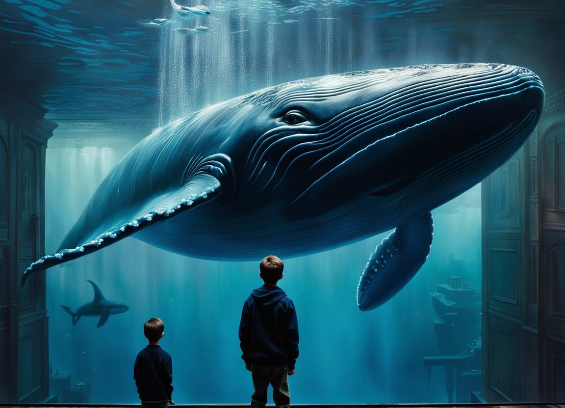 Majestic Whale Soaring in Fantasy World: Hyperrealistic Blue...