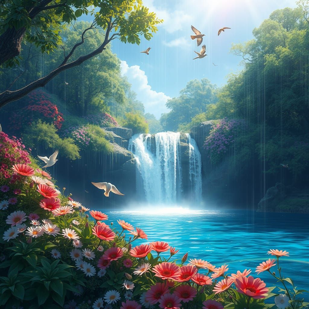 Hidden Waterfall Scene in Anime Style