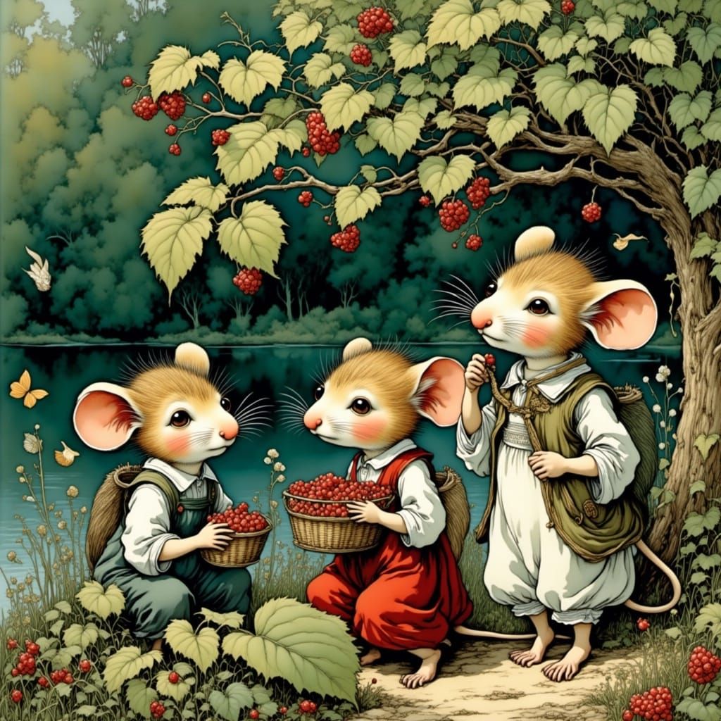 Whimsical Mice Gather Berries by a Serene Lake in Watercolor...