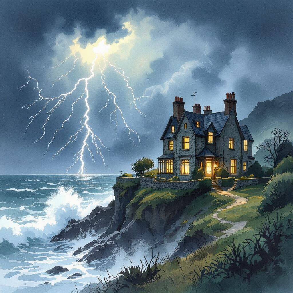 Stormy Manor House Watercolor Illustration