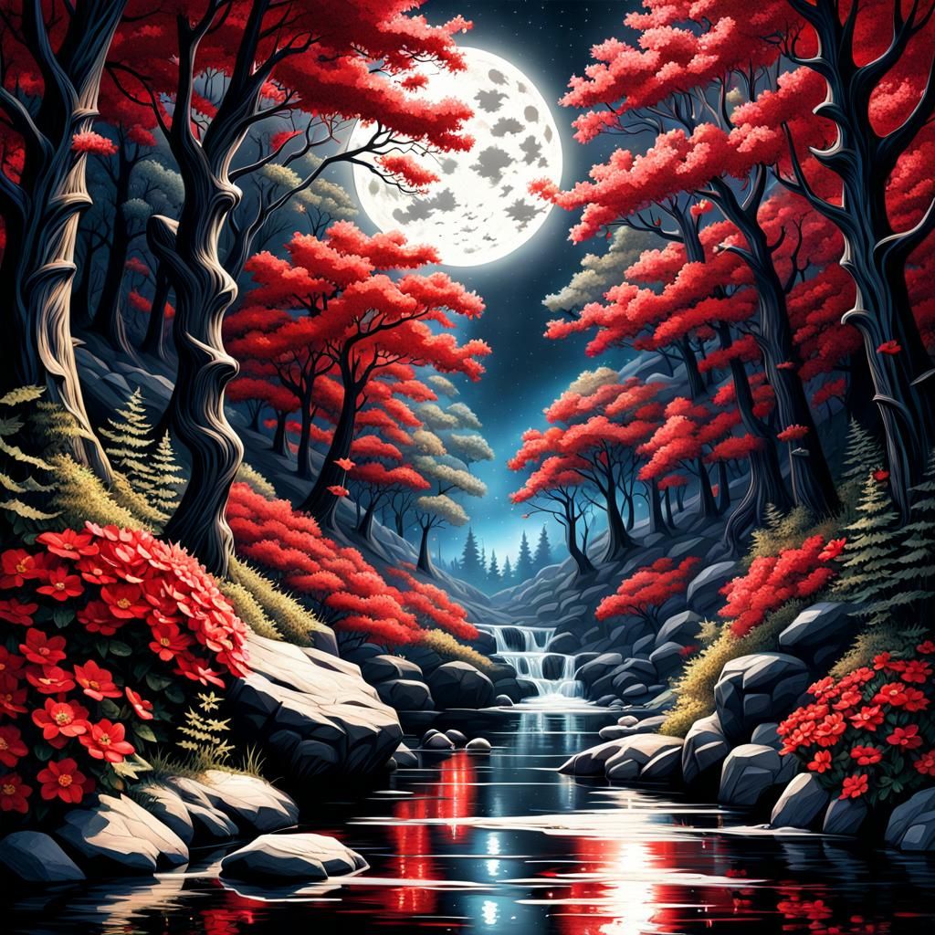 Enchanted Forest Fairytale Art with Red Flowers