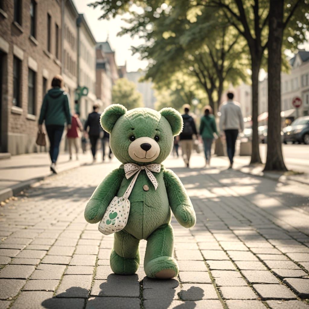 Green Teddy Bear's Whimsical City Walk