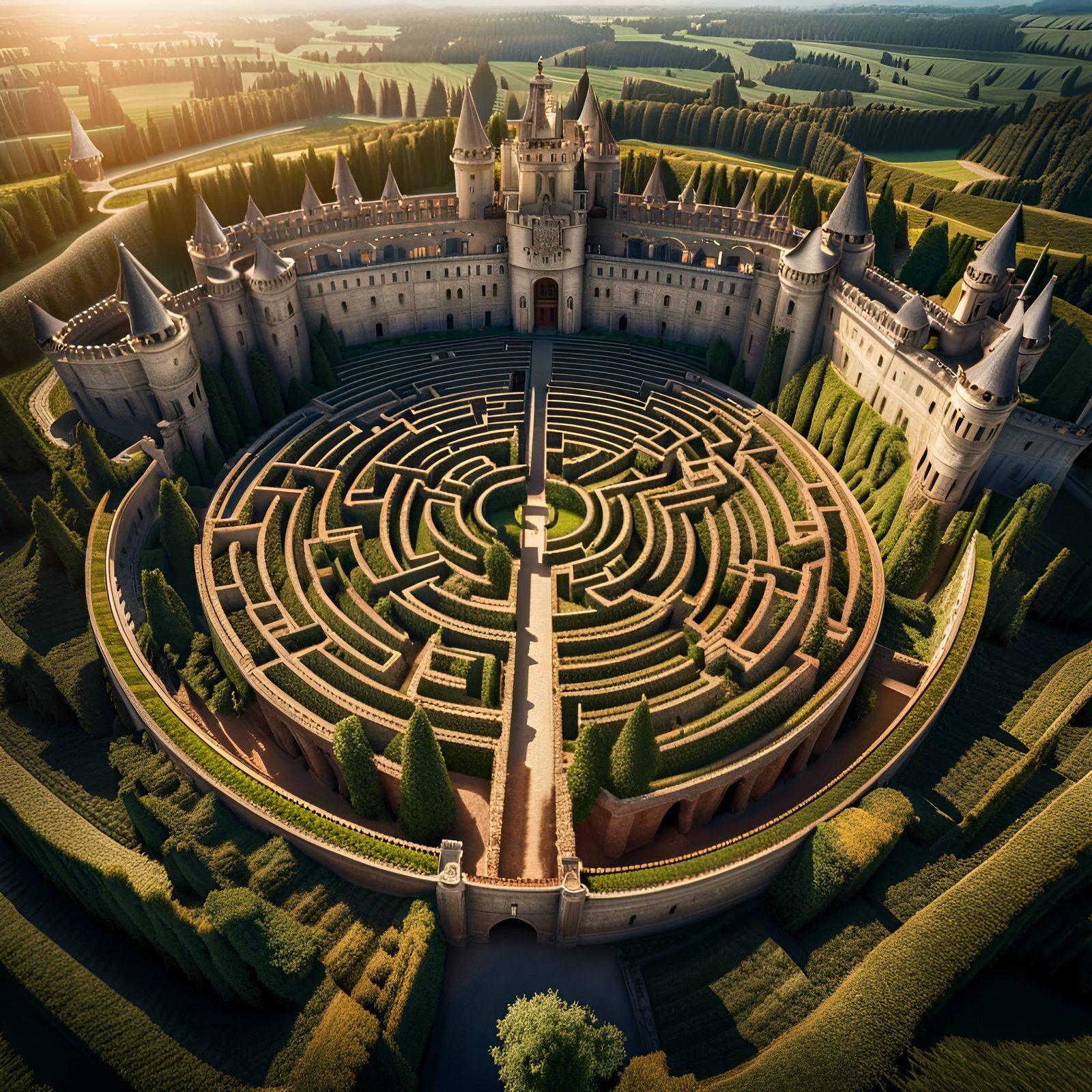 Panoramic Aerial View of Gigantic Castle Maze