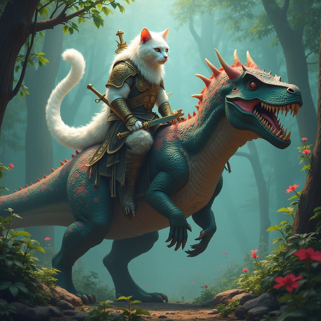 Cat Warrior on Dinosaur in Mystical Forest