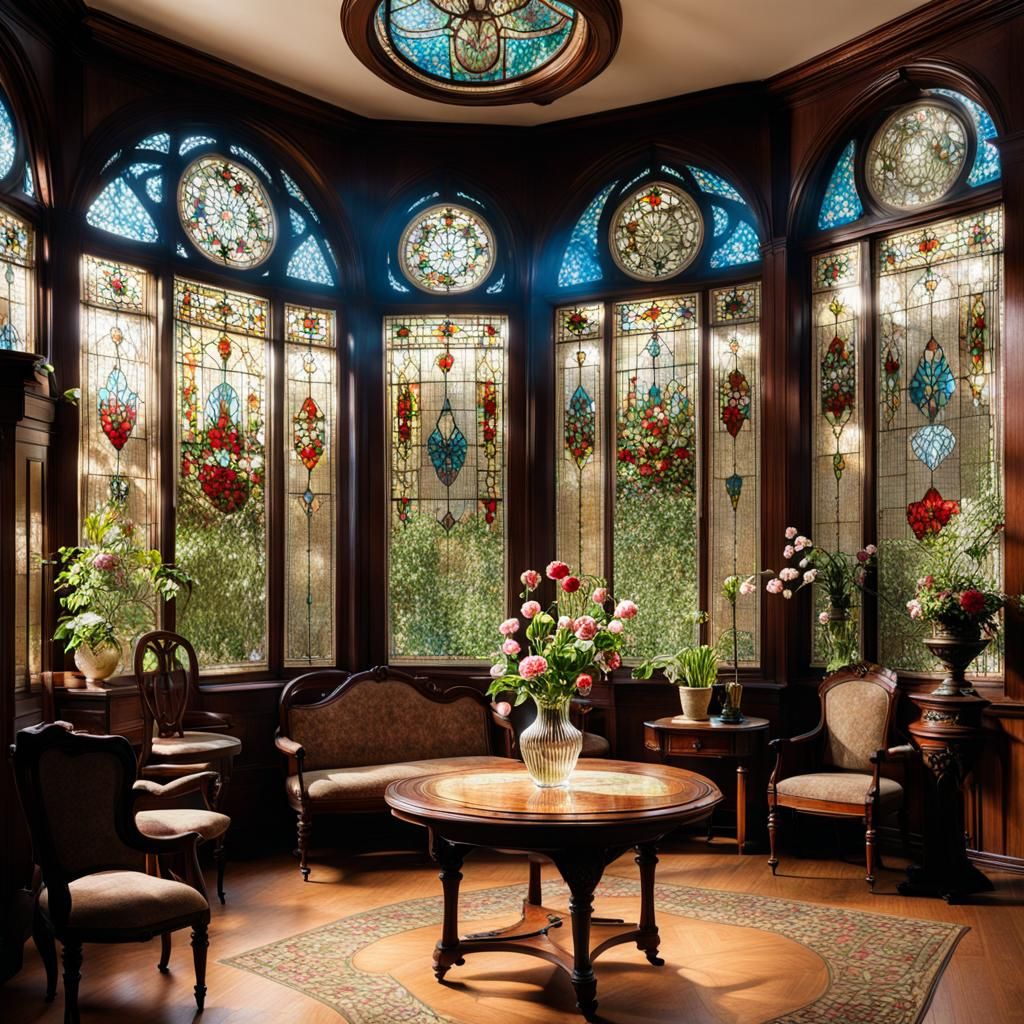 Victorian Living Room with Stained Glass