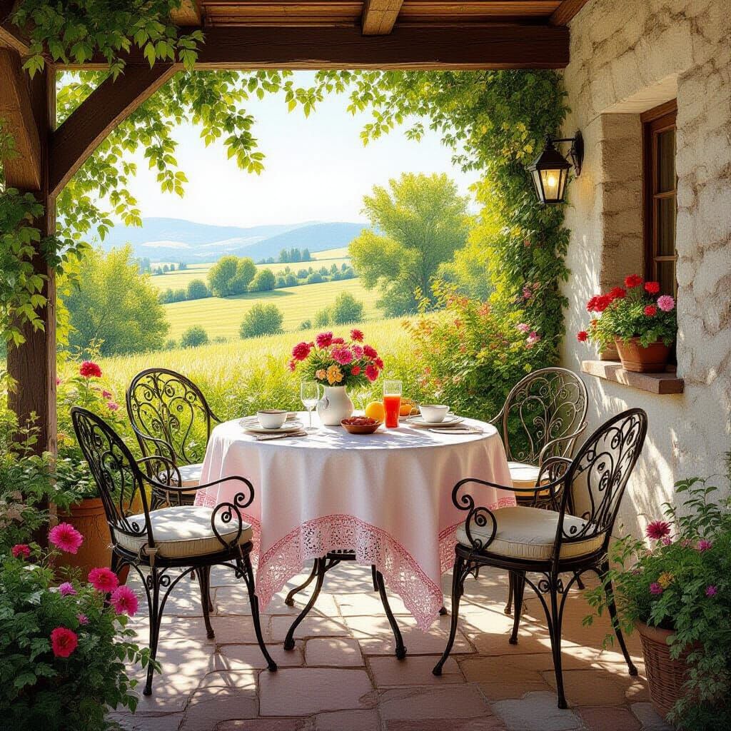 Cozy Rustic Patio with Lace Tablecloth