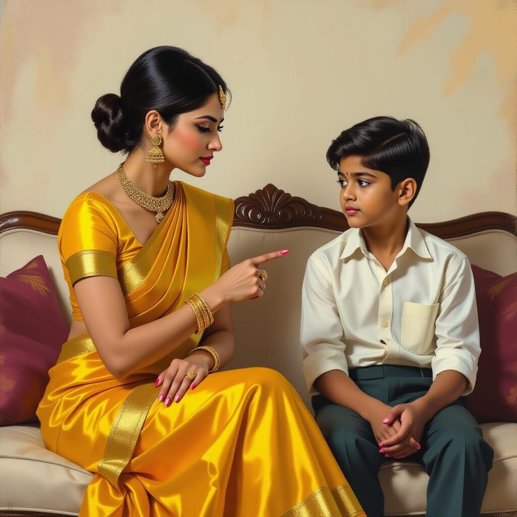 Indian Woman in Yellow Silk Skirt on Sofa, Realistic Digital...