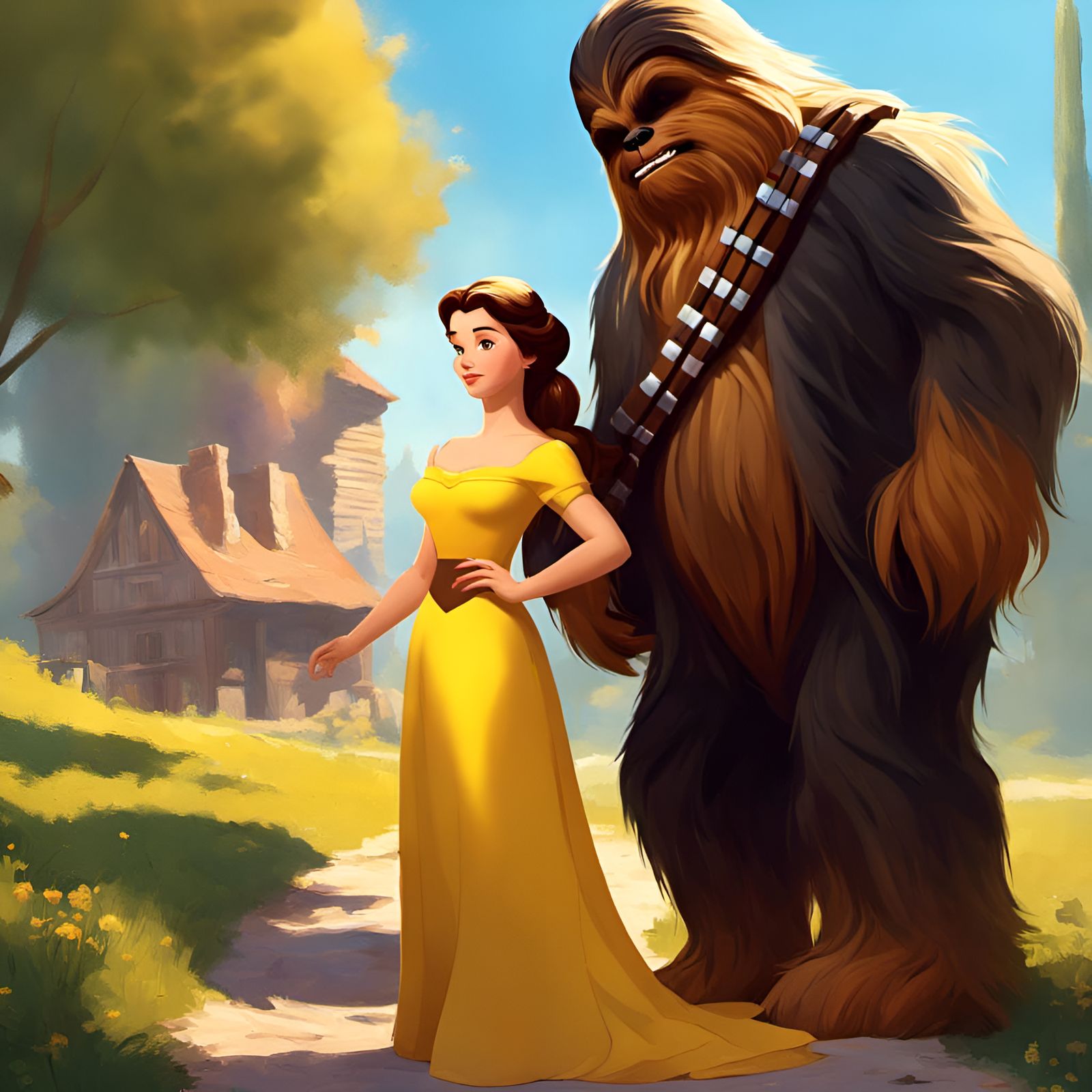 Belle and Chewbacca Portrait in Romantic Style