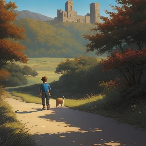 Boy and Puppy Stroll: Comic Book Style Art