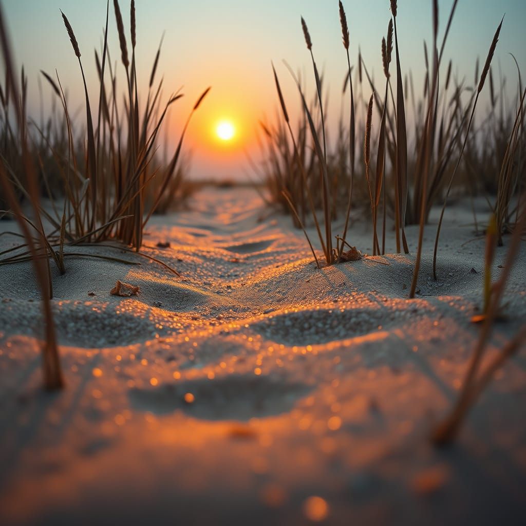 A worm's-eye view from a beach as the sun sets