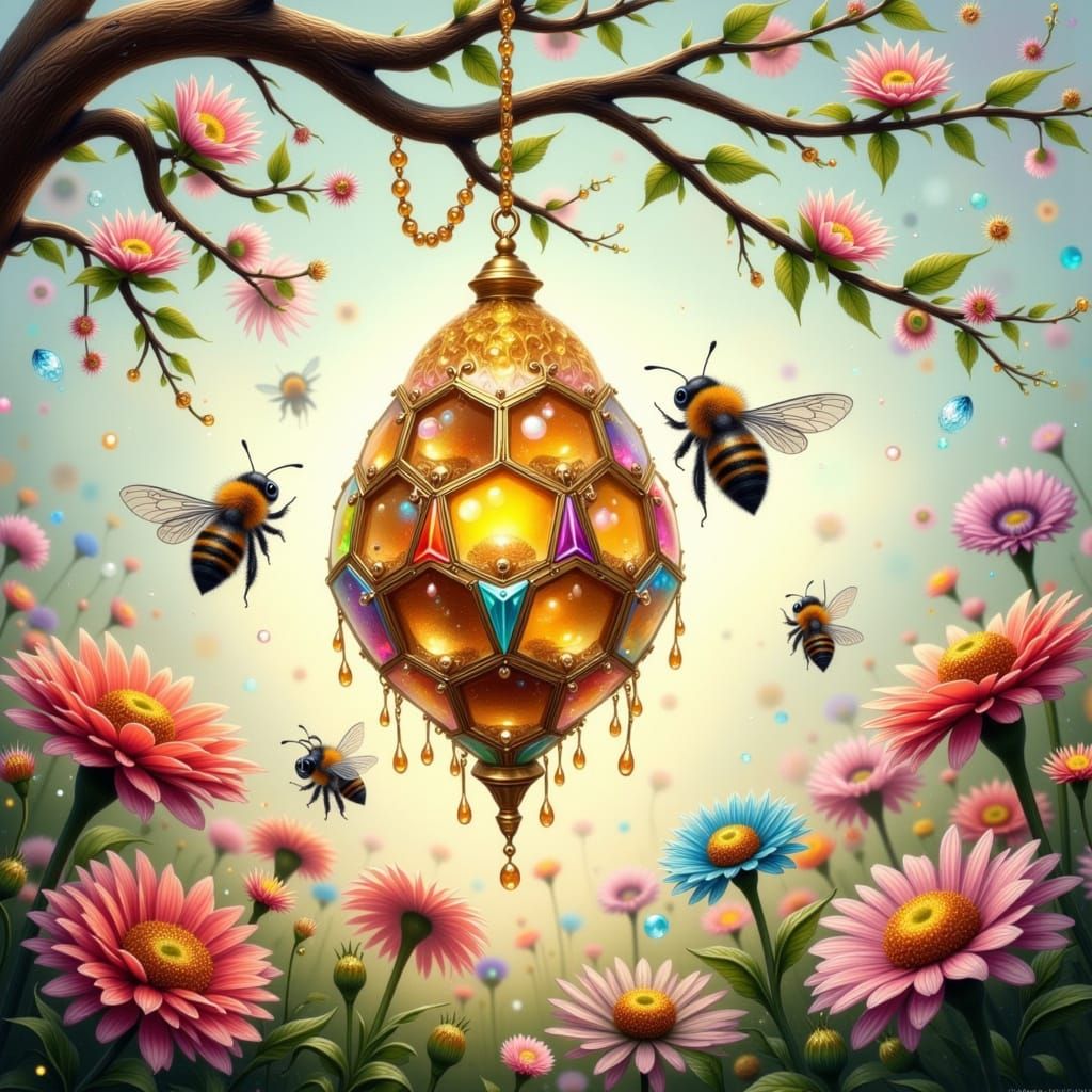 Whimsical Crystal Bees in a Vibrant Fairy Punk Meadow