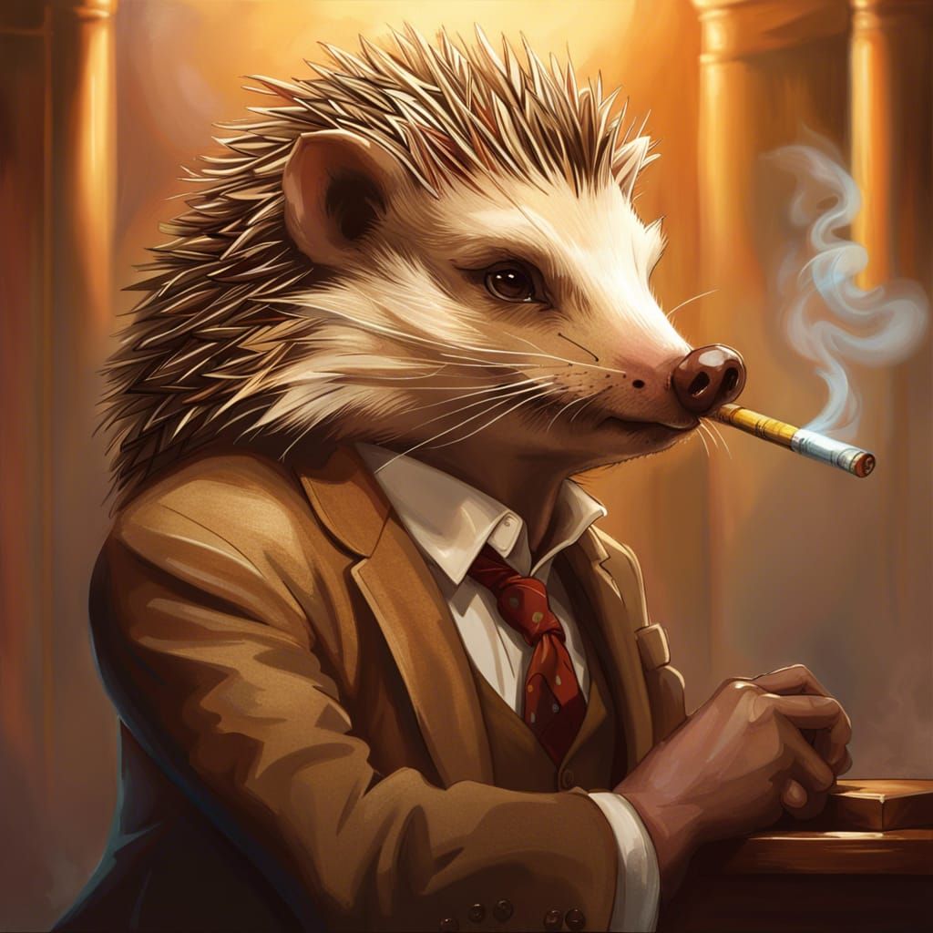 Hedgehog Detective Smoking Cigar, Detailed Portrait