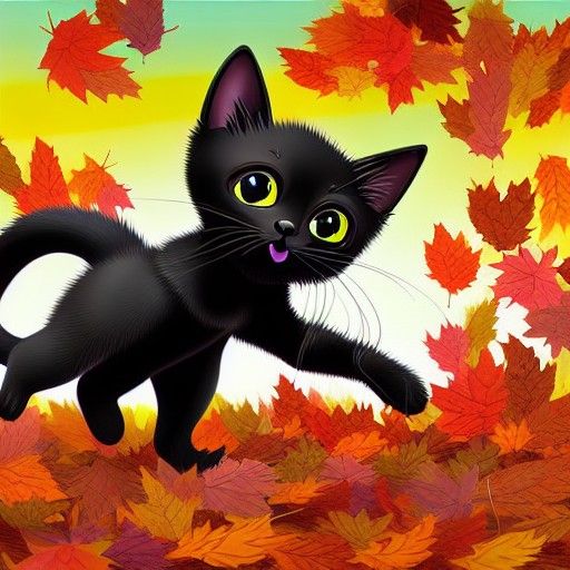 Cute Kitten Plays in Autumn Leaves: 3D Illustration
