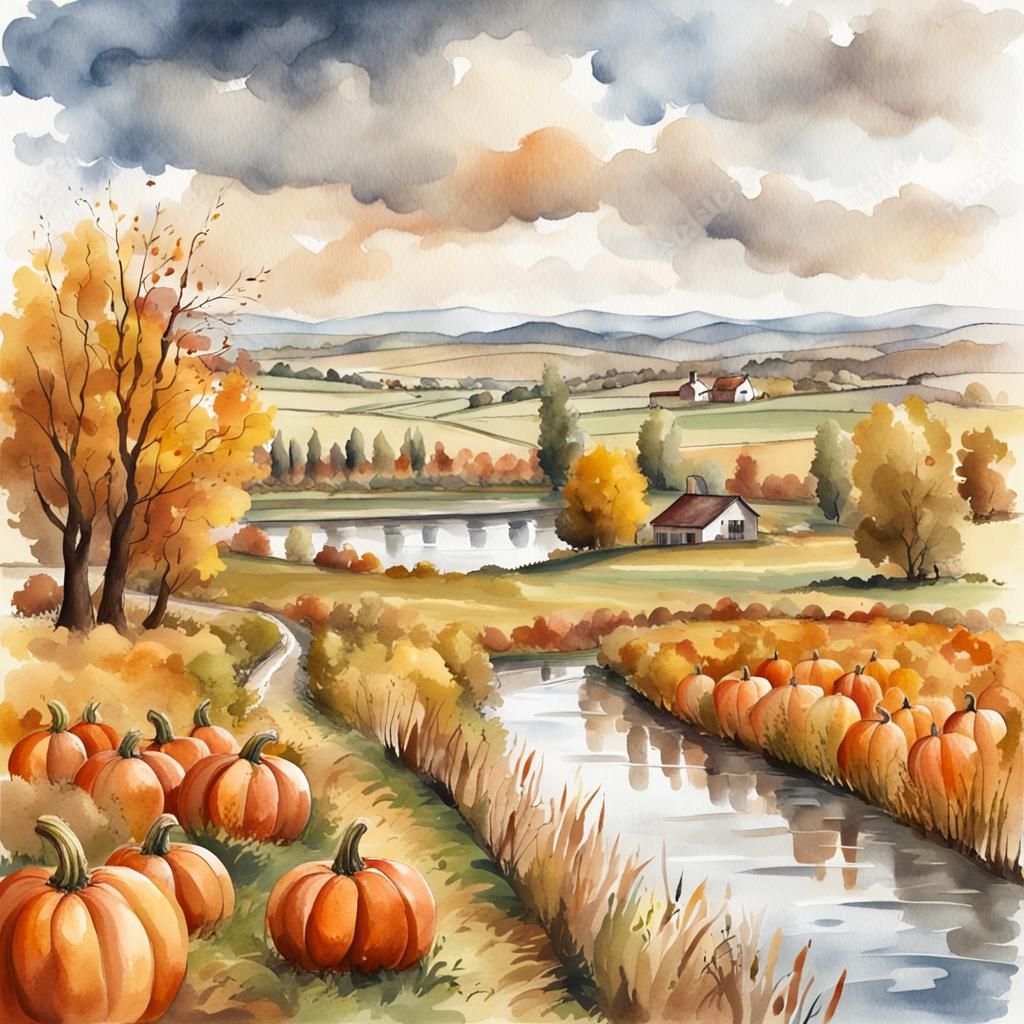 Watercolor Painting of a Pumpkin Field in Autumn