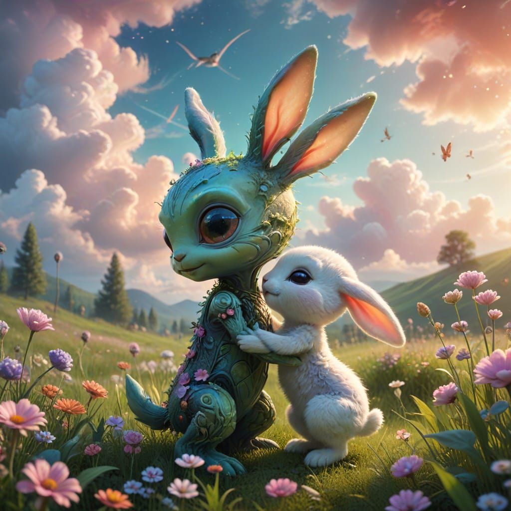 Whimsical Alien and Bunny Share a Loving Kiss in a Lush Mead...