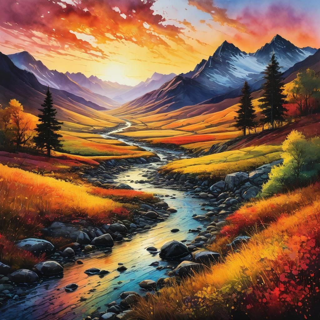 Golden Autumn Valley in Watercolor Style
