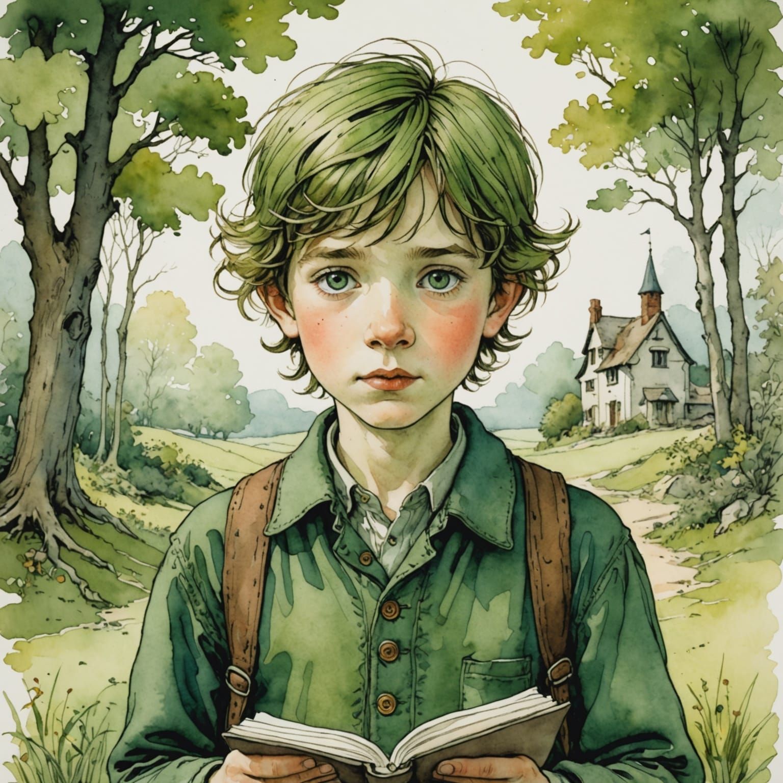 Whimsical Watercolor Portrait of a Boy with a Book