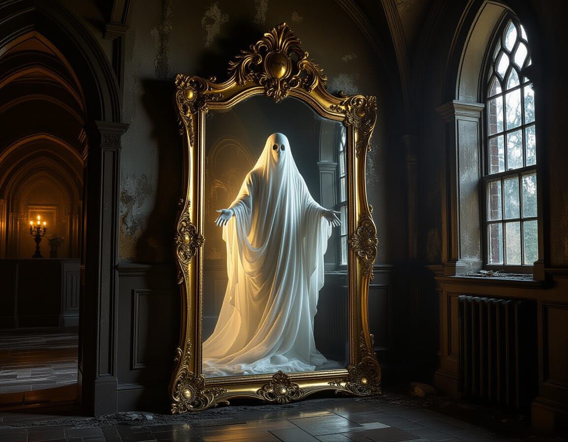 Ghost Emerges From Mirror in Haunted House, Michelangelo Sty...