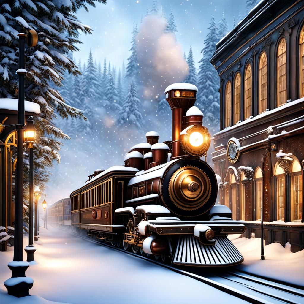 Steampunk Train Journey Through Winter Wonderland