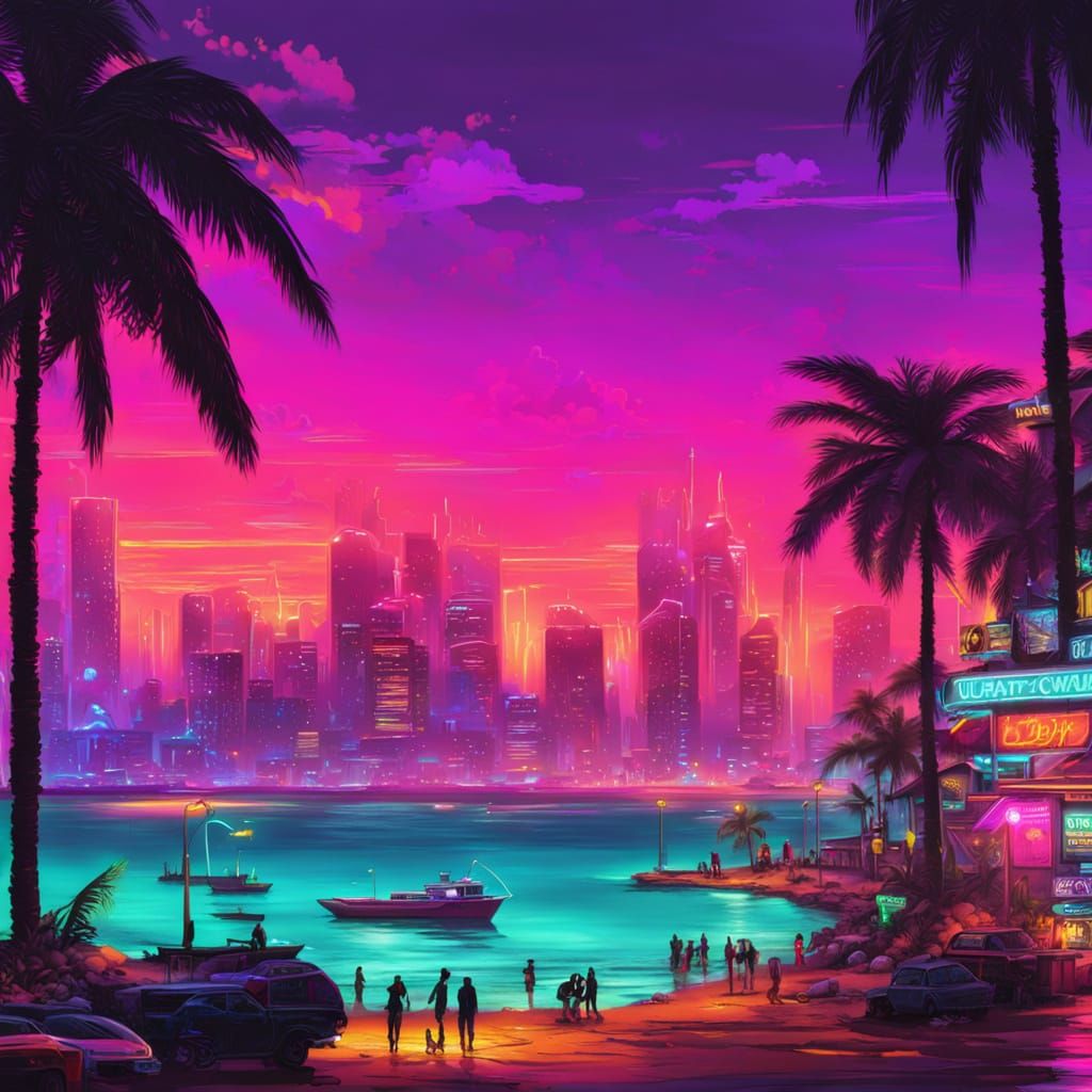 Cyberpunk Neon Beach at Sunset