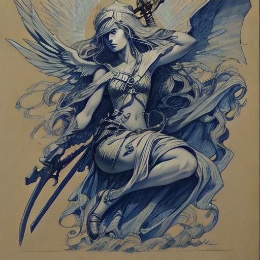 Valkyrie with Wings and Sword Sketch